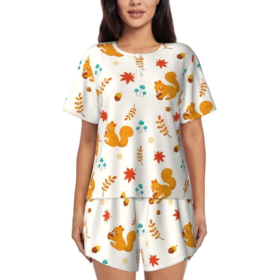 Honeii Squirrel Maple Leaves And Nuts for Women's Summer Pajama Set featuring Soft Short Sleeve Shirt & Matching Bottoms with Convenient Pockets for Relaxed Home Wear-X-Large