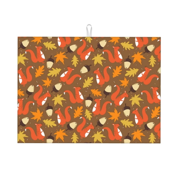 Honeii Squirrel Maple pine nut Print Kitchen Drying Mat Coffee Bar Mat Hide Stain Coffee Maker Mat for Countertops Coffee Pot Dish Drying Mat