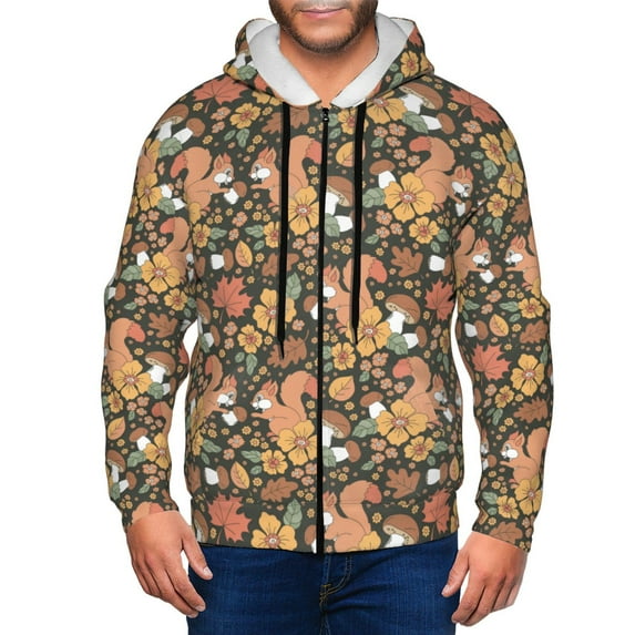 Honeii Squirrel Mushroom Yellow Flower Print Hoodies for Men, Pullover & Full Zip, Breathable Zip up Hoodie, Sweatshirt-X-Large