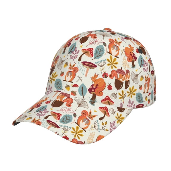 Honeii Squirrel Nuts Mushroom Print Hat, Women's Baseball Hat Unisex Fit, Baseball Cap,Adjustable One Size