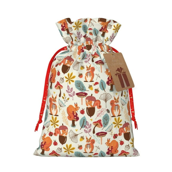 Honeii Squirrel Nuts Mushroom Print Small Burlap Bags,Christmas Drawstring Treat Bags Gift Bags Reusable Candy Goodie Wrapping Bags for Holiday Party Favors Supplies -Medium