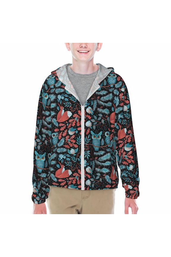 Squirrel Owl Autumn Maple Leaves Print Sun Protection Jacket Hooded Cooling Shirt with Pockets Hiking Outdoor Performance-Large