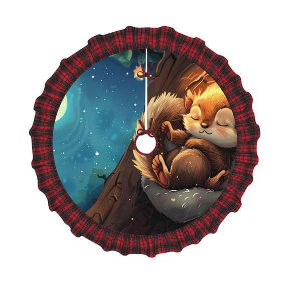 Honeii Squirrel Sleeping In Tree Pattern Christmas Tree Skirt, Christmas Ribbon Holly Winter Holiday Tree Mat Decoration-36"