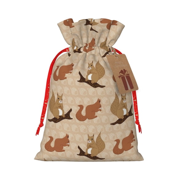 Honeii Squirrel nut backgrounds Print Small Burlap Bags,Christmas Drawstring Treat Bags Gift Bags Reusable Candy Goodie Wrapping Bags for Holiday Party Favors Supplies -Small