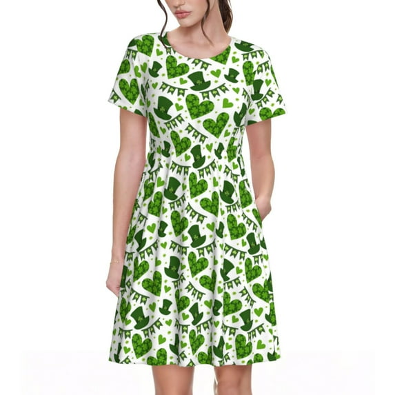 Honeii St. Patrick's Day Print Women’s Short Sleeve Dress, Comfortable Casual Dress, Soft Polyester Spandex Blend, Stylish Everyday Wear for Summer, Perfect for Travel and Vacation