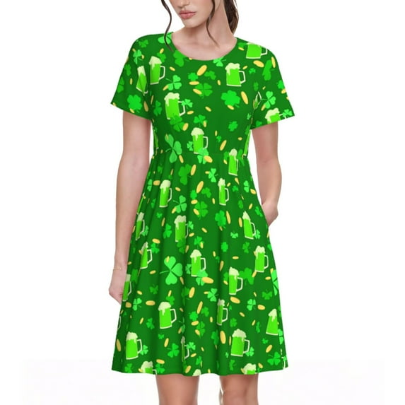 Honeii St Patrick's Day2 Print Women’s Short Sleeve Dress, Comfortable Casual Dress, Soft Polyester Spandex Blend, Stylish Everyday Wear for Summer, Perfect for Travel and Vacation
