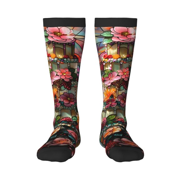 Honeii Stained Glass Floral Cake Print Long Socks,Novelty Design Socks Gift for Men and Women,Crew Socks,Calf Socks