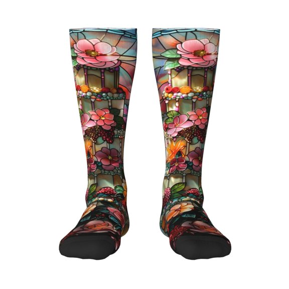 Honeii Stained Glass Floral Cake Print Long Socks,Novelty Design Socks Gift for Men and Women,Crew Socks,Calf Socks