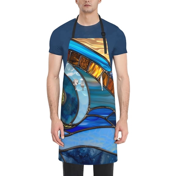Honeii Stained Glass Ocean Wave Print Waterproof Apron, Adjustable Kitchen Apron with Pockets,for Gardening, Dishwashing, Meat Processing, Car Washing, and Pet Grooming