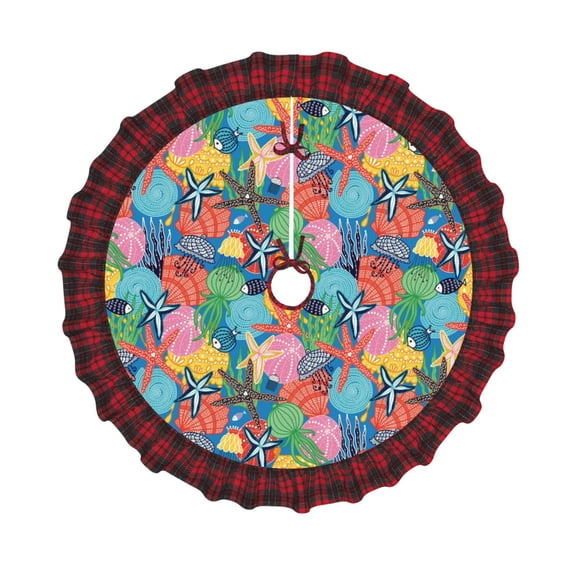 Honeii Starfish And Algae Pattern Christmas Tree Skirt, Christmas Ribbon Holly Winter Holiday Tree Mat Decoration-36"