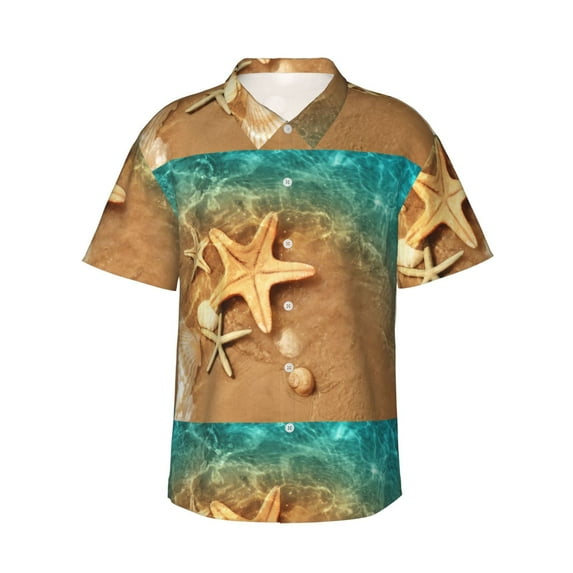 Honeii Starfish And Seashell 1 Print Men’s Hawaiian Shirt,Classic Button-Down Short Sleeve Shirt, for Beach, Vacation, and Outdoor Activities,Large