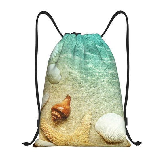 Honeii Starfish And Seashell On The Beach Print Drawstring Backpack,Drawstring Bags String Backpack Gym Cinch Sack Backpack Sport Bag Draw-Small