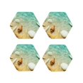 thumbnail image 1 of Honeii Starfish And Seashell On The Beach print Leather Coaster Set of 4, ideal for safeguarding your furniture from drinks spills and effortless cleanup-Hexagon, 1 of 6