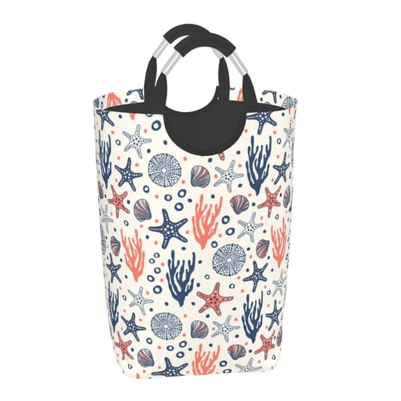 Honeii Starfish Shell Print Laundry Hamper Collapsible Laundry Baskets, Freestanding Waterproof Clothes Hamper with Easy Carry Handles