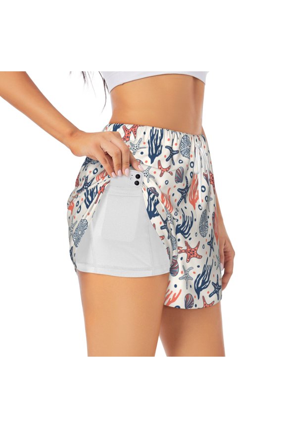 Starfish Shell print a double-layered women's running short, ideal for gym, tennis, and various activities, complete with a practical pocket-XX-Large