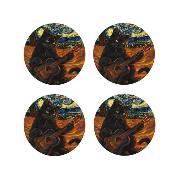 Honeii Starry Night Cat Guitarist A Print Leather Coaster Set of 4, Ideal for Safeguarding Your Furniture from Drinks Spills and Effortless Cleanup-Round Shape