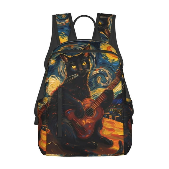 Honeii Starry Night Cat Guitarist Print Lightweight Backpacks,Carry on Backpack,Durable Backpack for School, Work & Travel