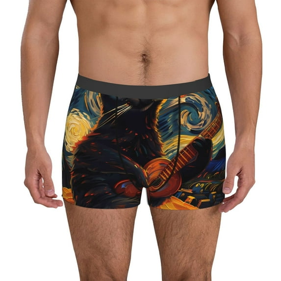Honeii Starry Night Cat Guitarist Print Mens Boxer Briefs Breathable,Boxer Brief for Men, Moisture-Wicking Underwear-Medium