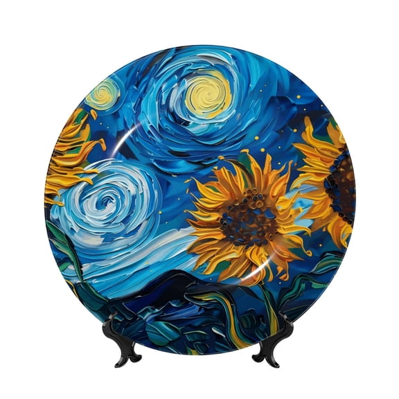 Honeii Starry Night Sunflower Field Print Elegant Bone China Decorative Plate, Porcelain Plate,Art Crafts,Ceramic Ornaments for Home Office Wall Decor-7in