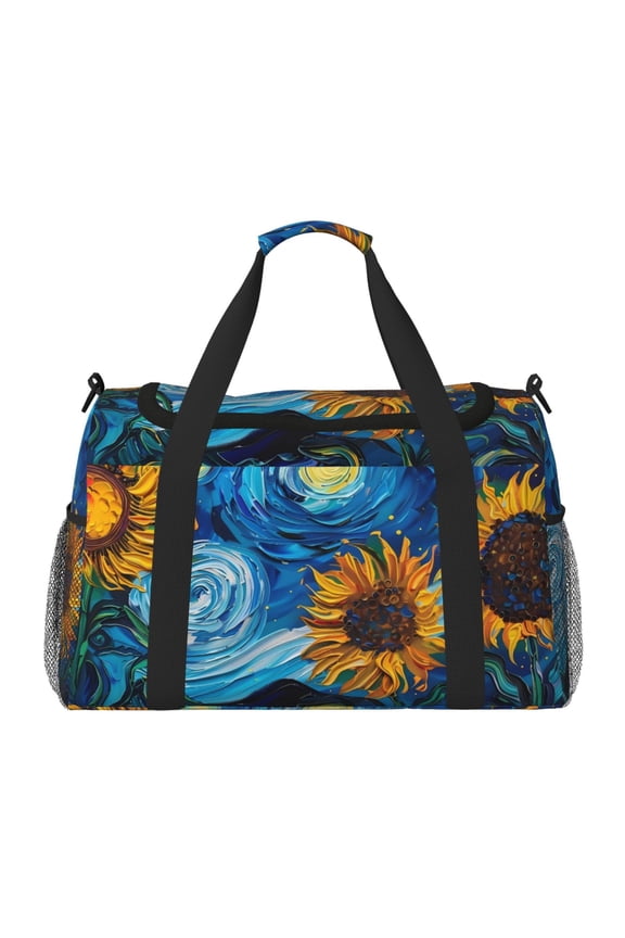 Starry Night Sunflower Field Print Gym Bag,Carry on Weekender Overnight Bag, Travel Duffel Bags, Personal Item Travel Bag,Tote Bag,Workout Dance Bag