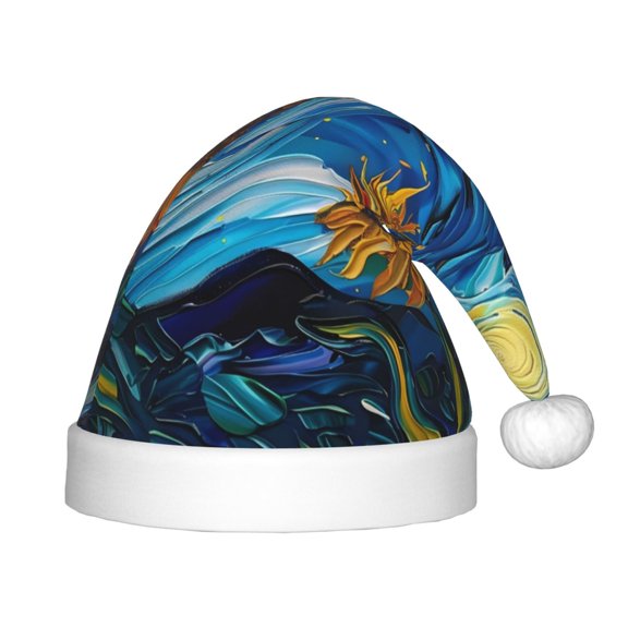 Honeii Starry Night Sunflower Field Print Hat Santa Claus Hat For Xmas Party, Christmas Caps For Boys Girls Child,Christmas Beanie