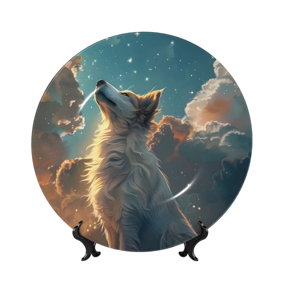Honeii Starry Sky Cloud Wolf Print Elegant Bone China Decorative Plate, Porcelain Plate,Art Crafts,Ceramic Ornaments for Home Office Wall Decor-7in