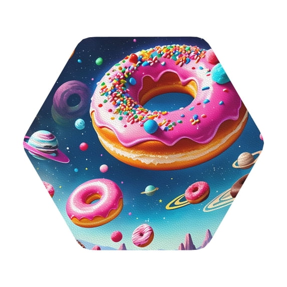 Honeii Starry Sky Colorful Donut Print Leather Coaster Set of 6, Ideal for Safeguarding Your Furniture from Drinks Spills and Effortless Cleanup,Hexagon