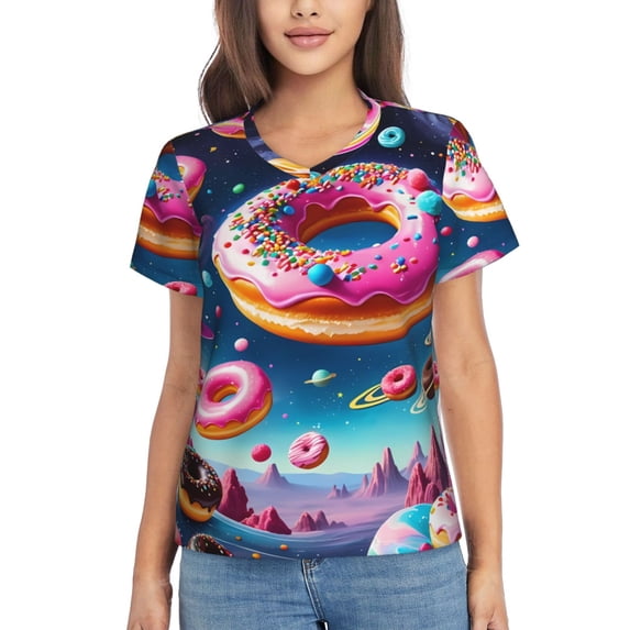 Honeii Starry Sky Colorful Donut Print Women's Classic V-Neck T-Shirt,Womens Fashion Tops,Stylish Everyday Top for Women, Casual Summer Spring Outfits Clothes-Large