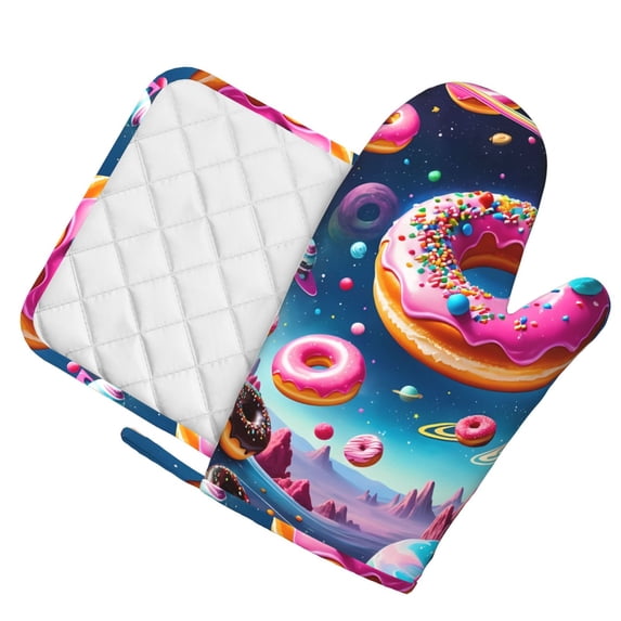 Honeii Starry Sky Colorful Donut patten Oven Mitts and Pot Holders Sets, Baker Oven Mitts, Mittens for Kitchen Decor, Baking Lover over Gloves Gifts