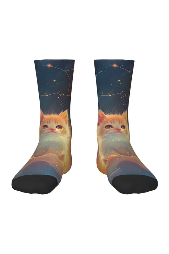 Starry Sky Constellation Cat Print Children's Colorful Socks,Unisex Kids and Toddlers' Cushioned Sock,Kids Athletic Crew Socks,for Everyday Wear and Sports