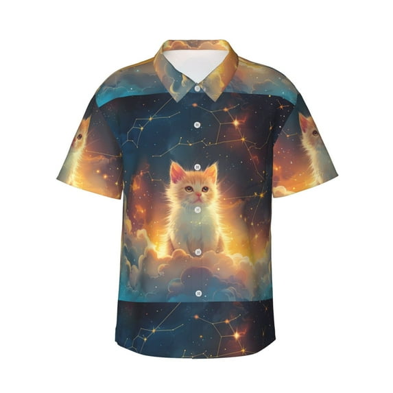 Honeii Starry Sky Constellation Cat Print Men’s Hawaiian Shirt,Classic Button-Down Short Sleeve Shirt, for Beach, Vacation, and Outdoor Activities,Medium