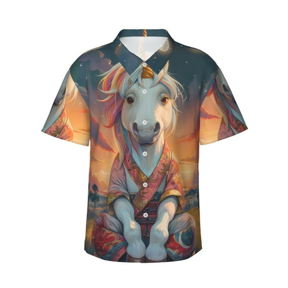 Honeii Starry Sky Cute Horse Print Men’s Hawaiian Shirt,Classic Button-Down Short Sleeve Shirt, for Beach, Vacation, and Outdoor Activities,Large