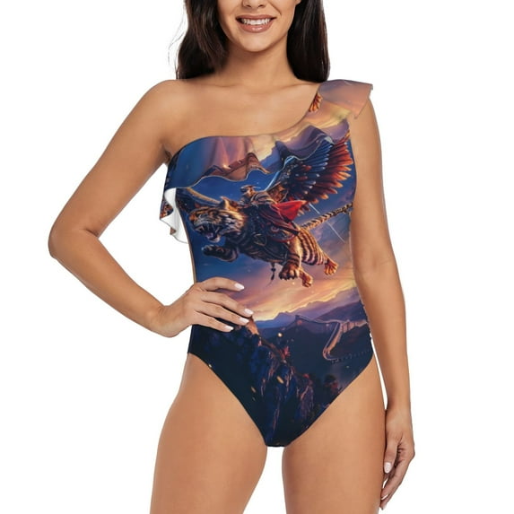 Honeii Starry Sky Flying Tiger for women's one-piece swimsuit featuring a chic one-shoulder design experience elegance and style in the water-Small