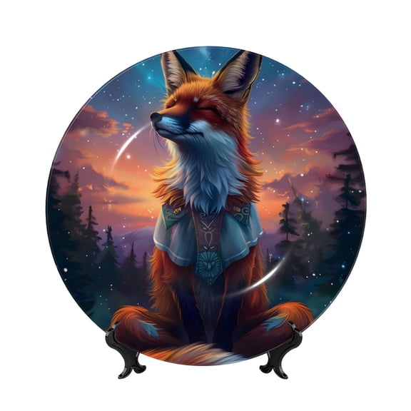 Honeii Starry Sky Meditating Fox Print Elegant Bone China Decorative Plate, Porcelain Plate,Art Crafts,Ceramic Ornaments for Home Office Wall Decor-10in