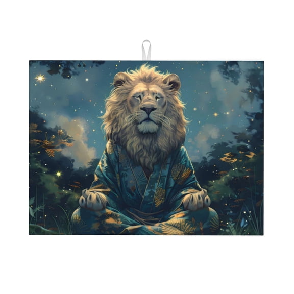 Honeii Starry Sky Meditating Lion print Super Absorbent Coffee Bar Mat Hide Stain Coffee Maker Mat for Countertops Coffee Pot Dish Drying Mat for Kitchen Counter
