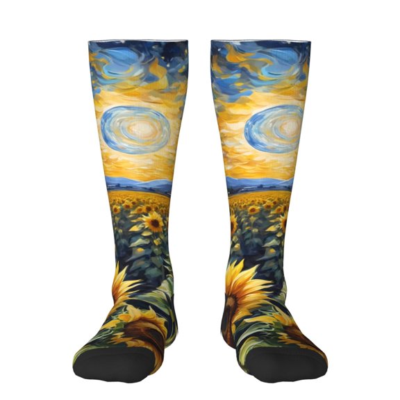 Honeii Starry Sky Moon Sunflower Print Long Socks,Novelty Design Socks Gift for Men and Women,Crew Socks,Calf Socks