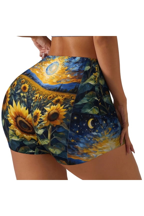 Starry Sky Moon Sunflower Print Women's Workout Shorts, Gym Shorts for Active Wear, Sports Shorts,Women's Running Shorts,Quick Dry Athletic Shorts-Small
