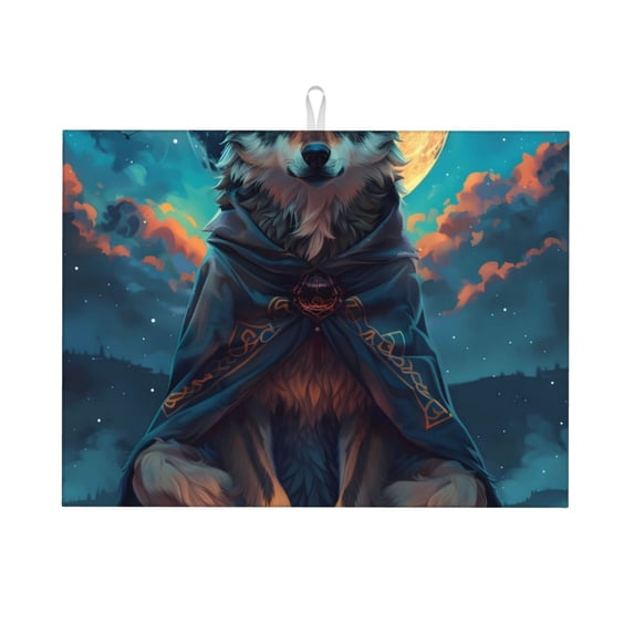 Honeii Starry Sky Moon Wolf Leader print Super Absorbent Coffee Bar Mat Hide Stain Coffee Maker Mat for Countertops Coffee Pot Dish Drying Mat for Kitchen Counter