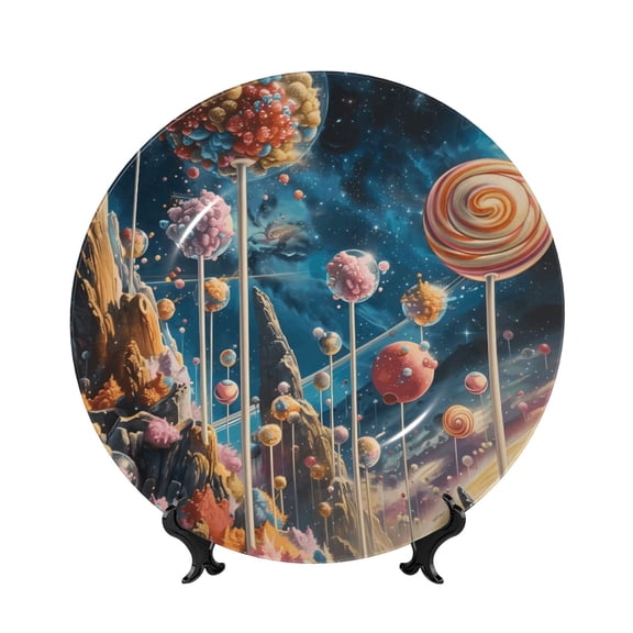 Honeii Starry Sky Planet Lollipop Print Elegant Bone China Decorative Plate, Porcelain Plate,Art Crafts,Ceramic Ornaments for Home Office Wall Decor-7in