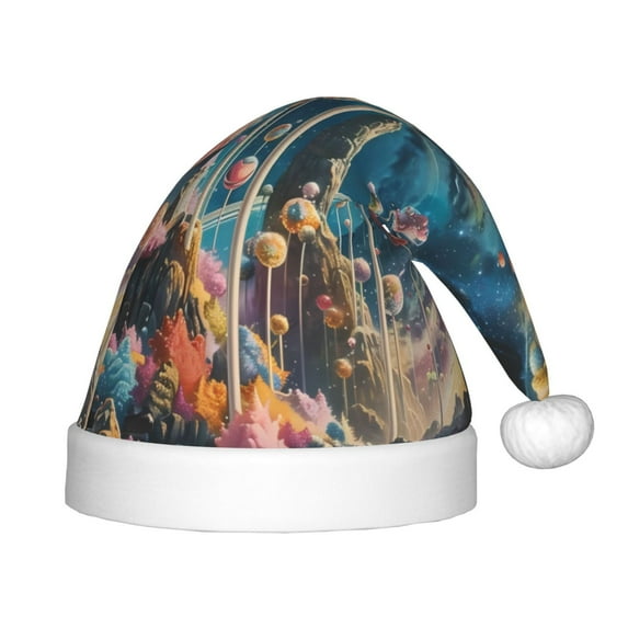 Honeii Starry Sky Planet Lollipop Print Hat Santa Claus Hat For Xmas Party, Christmas Caps For Boys Girls Child,Christmas Beanie