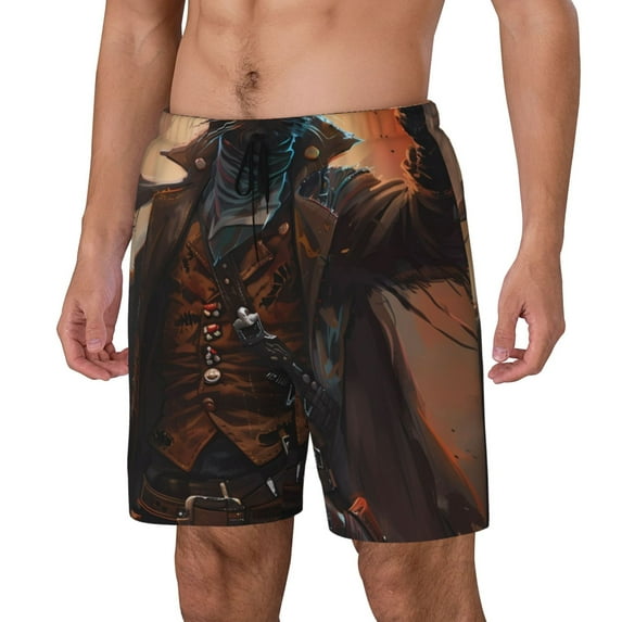 Honeii Steampunk Cowboy Cat Print Men's Swim Shorts,Mens Swim Trunks,Breathable Mesh Beach Shorts for Swimming,Surfing, and Beach Activities-Small