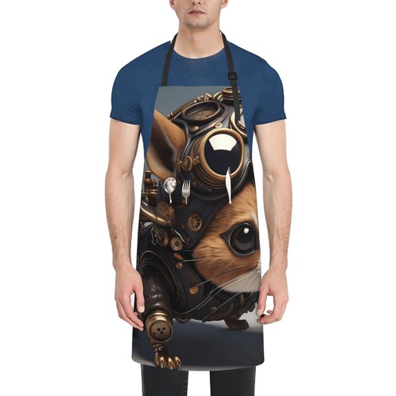 Honeii Steampunk Squirrel Pilot Print Waterproof Apron, Adjustable Kitchen Apron with Pockets,for Gardening, Dishwashing, Meat Processing, Car Washing, and Pet Grooming