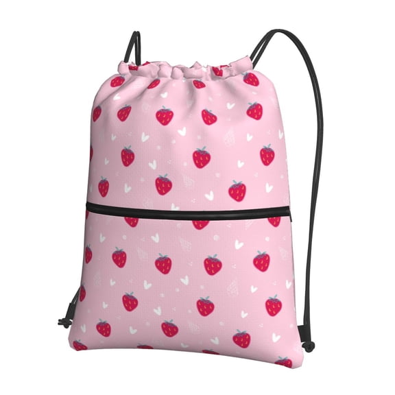 Honeii Strawberry And Heart Print Drawstring Backpack,String Bag,Sackpack Cinch Water Resistant Nylon for Gym Shopping Sport Yoga