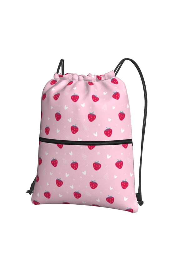 Strawberry And Heart Print Drawstring Backpack,String Bag,Sackpack Cinch Water Resistant Nylon for Gym Shopping Sport Yoga