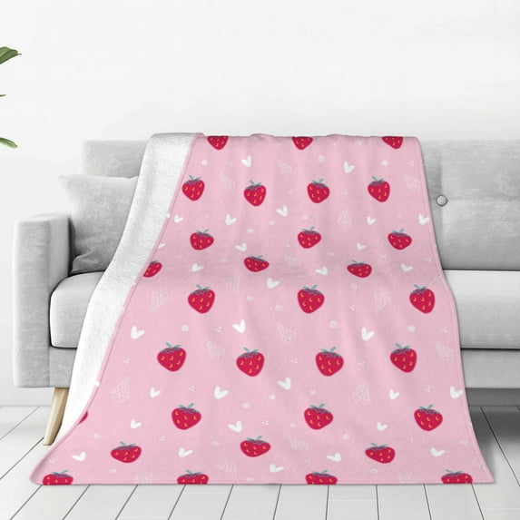 Honeii Strawberry And Heart Print Fleece Blanket - Throw Blanket for Bed, Sofa, Couch, Camping, and Travel , Microplush Ultra Soft Warm Blanket-50"x40"