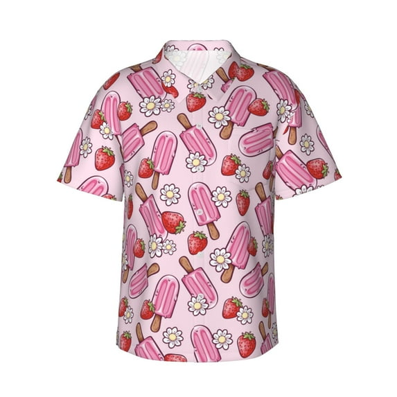 Honeii Strawberry Popsicle Print Men’s Hawaiian Shirt,Classic Button-Down Short Sleeve Shirt, for Beach, Vacation, and Outdoor Activities,X-Large