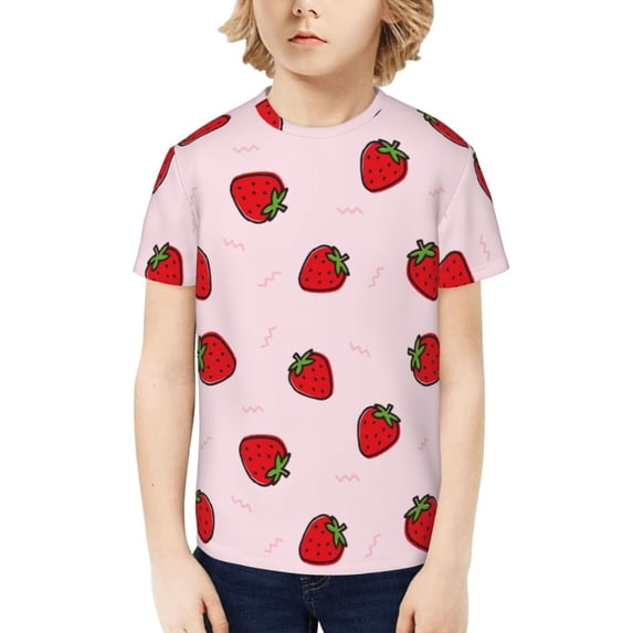 Honeii Strawberry Print Kids Boy T-Shirt,Breathable Round Neck Tee,Stylish Summer Tee for Boys, for Outdoor Activities and Casual Wear
