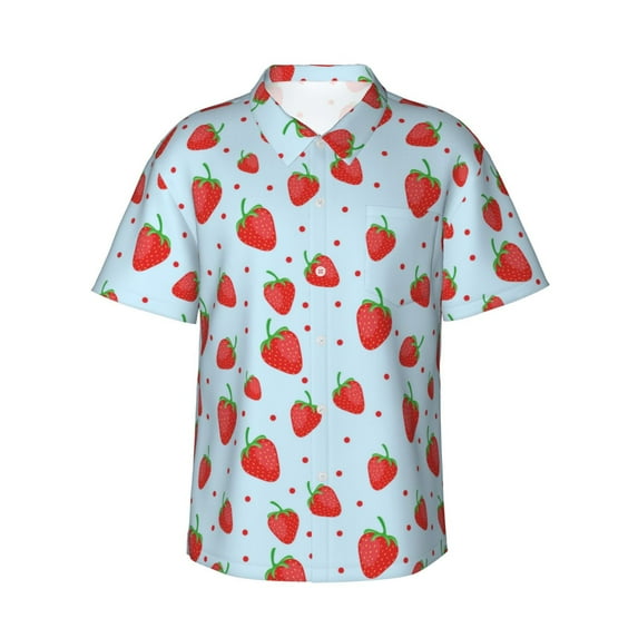 Honeii Strawberry Print Men’s Hawaiian Shirt,Classic Button-Down Short Sleeve Shirt, for Beach, Vacation, and Outdoor Activities,Small