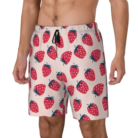 Honeii Strawberry Print Men's Swim Shorts,Mens Swim Trunks,Breathable Mesh Beach Shorts for Swimming,Surfing, and Beach Activities-Medium