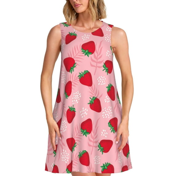 Honeii Strawberry Print Women's Sleeveless Dress, Loose Fit Casual Dress for Women, Summer Fashion Dress